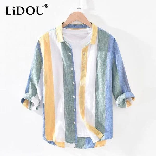 Spring Autumn Turn-down Collar Three Quarter Button Fashion Striped Shirt Man Loose Casual Korean Style All-match Cardigan 250114BJ