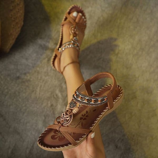 OEM Bohemian Style Ethnic Feng Shui Dia Beach Sandals, Large Flat Bottomed Handmade Beaded Women's Shoes