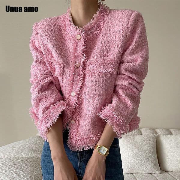Spring Autumn Long Sleeve Pink Tweed Jacket Women 2025 Trend Tassel Raw Edge n Elegant Cropped Wool Blend Coat 250113