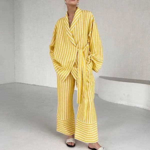 2024 Autumn Casual Stripe Suits Elegant High Waist Wide Pants Set Fashion Lapel Long Sleeve Shirts Two Piece Set Women Outfit 250109
