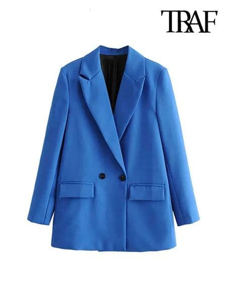 TRAF Women Chic Office Lady Double Breasted Blazer Vintage Coat Fashion Notched Collar Long Sleeve Ladies Outerwear Stylish Tops 250115