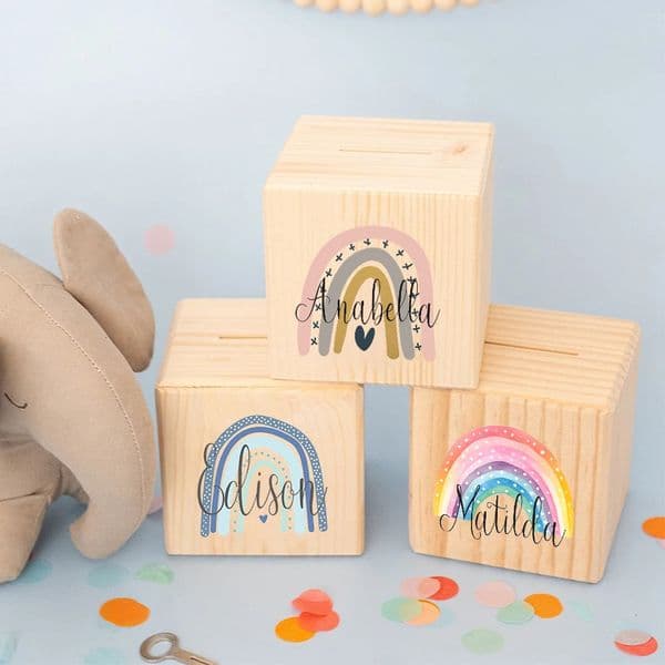 Personalized Money Box Rainbow with Name Wooden Money Boxes Child Coin Bank Coin Collection Case Birthday Holiday Gift for Kids 250114BJ