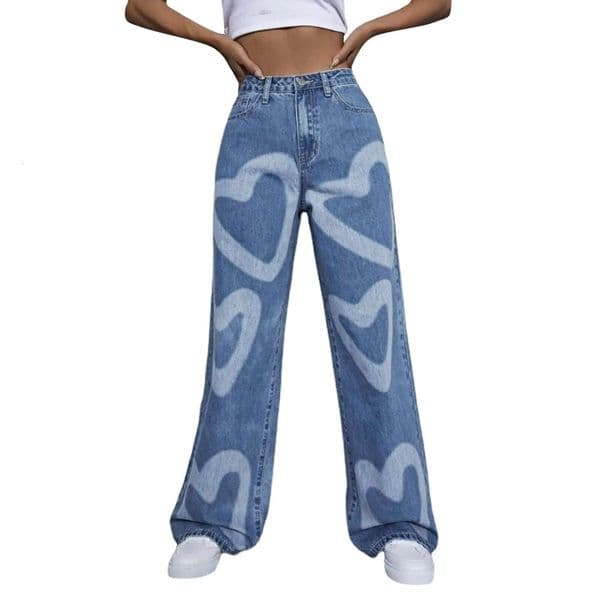 Womens Y2k Retro High Fashion Cargo Pants Casual Heart Prints Street Loose Pockets Jeans Couple Haruku Trousers