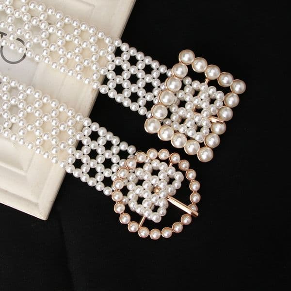 New Womens Belt Sweet Imitation Pearl Woven Waist Chain Elegant Dress Decorative Belt