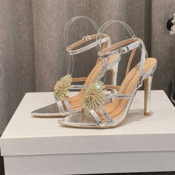 Aneikeh Fi Rhine Flower Stiletto High Heels Sexy Pointed Toe Runway Sandals Ankle Strap Women Elegant Wedding BanquetXJ250116