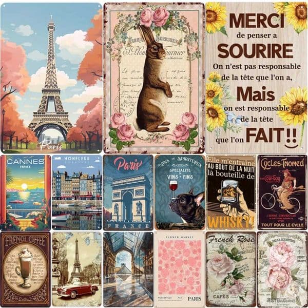 French Vintage Metal Sign EiffelVersaillesTriumphal Archroses and scenery Retro Art painting For HomeBarGardens Wall PlaqueXJ250116