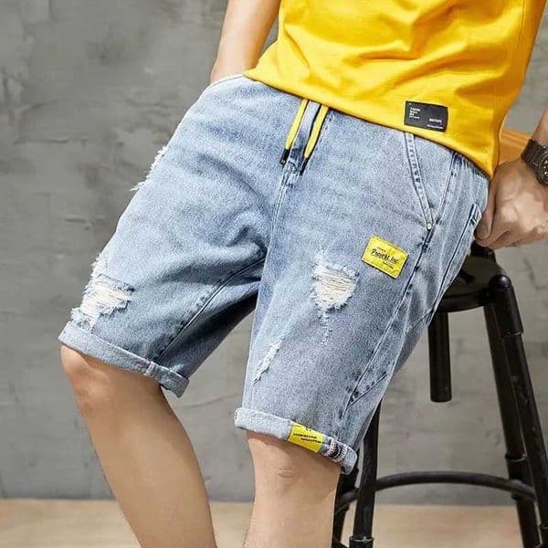 2024 Mens Summer Five-point Denim Shorts Fashion Hole Elastic Waist Loose Y2k Jeans ShortsXJ250117