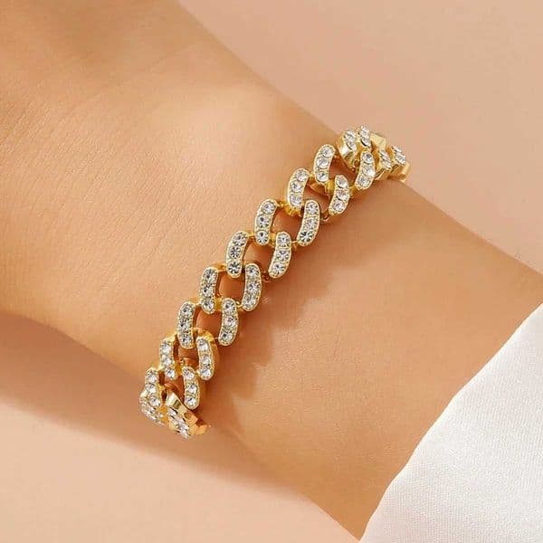 Simple Fashion Cuban Chain Stainless Steel Bracelet rhinestone 10MM Width Gold Color Bracelet for Men and Women W250116