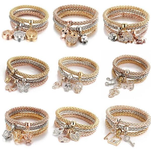 3Colors/Lot Tree Of Life Elastic Bracelet Set For Women Crystal Owl Key Lock Music Note Butterfly Heart Charm Bangle Men JewelryXJ250117