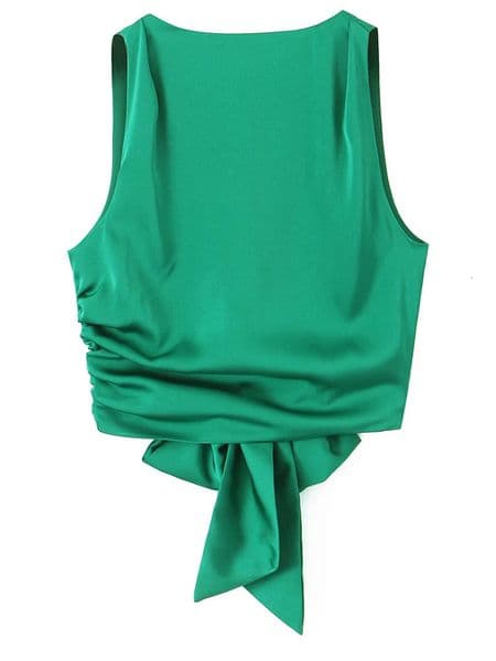 Women Fashion With Bow Solid Pleated Backless Cropped Tank Tops Vintage O-Neck Sleeveless Female Chic Lady Tops 250115BJ