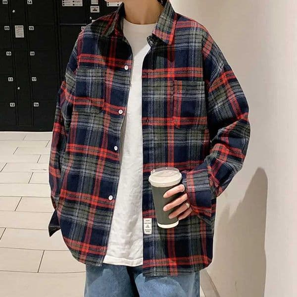 Mens Plaid Shirt Check Shirts Mens Plaid Long Sleeve Oversized Shirts Streetwear Cardigan Chest Pocket Loose Shirt Loose Plaid Top W250217