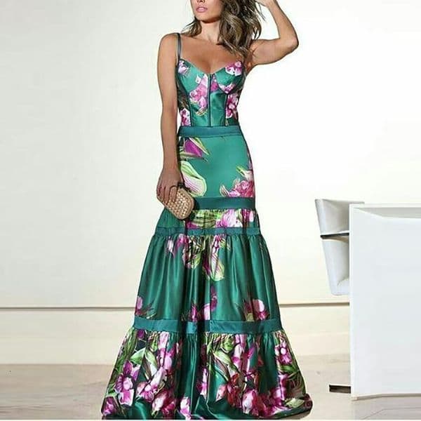 Women Dress Ruffles Lantern Sleeve V-neck Print Dresses Plus Size Long Vintage Sexy Printing Fashion 210513