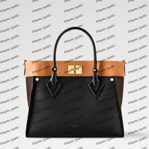 Women On My Side MM M53823 Black Twist calfskin coated canvas Cowhide-leather trim Gold-color hardware tote bag fashion Closure system lock zipped pocket cross-body
