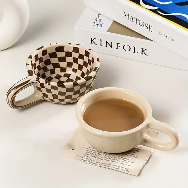 1pc 200ml Coffee Mug Ceramic Coffee Cups Brown Plaid Pattern Water Cups Summer Drinkware Kitchen Stuff Home Kitchenware Gifts 250116