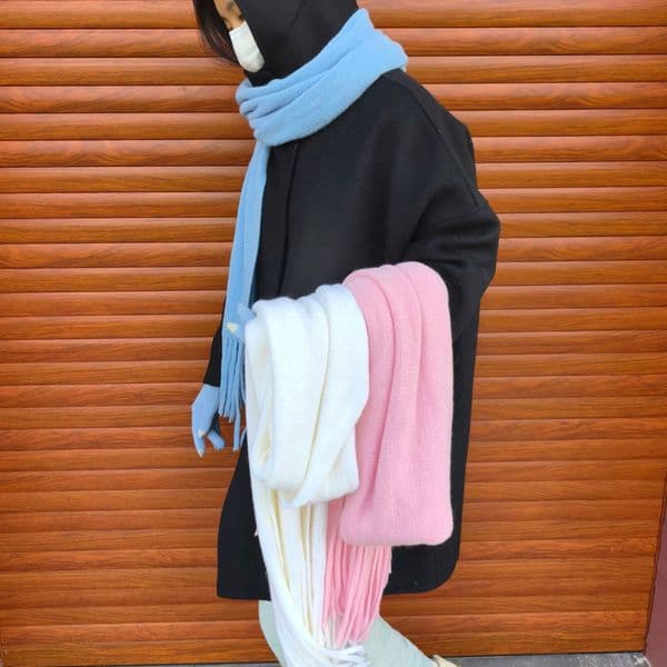 AT150 blue scarf for women, winter warm and versatile, simple solid color, tassel imitation cashmere scarf, pink