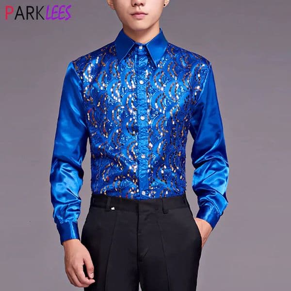 Sparkling Royal Blue sequined satin mens dress long sleeved slim fit sparkling nightclub shirt mens party stage dance choir chemistry 250110BJ