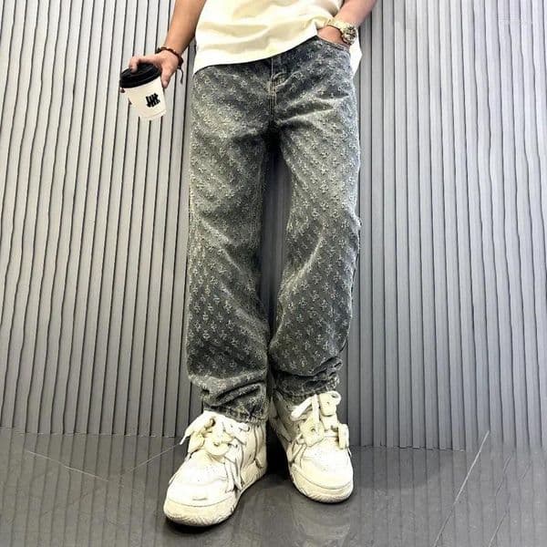 Mens Jeans 2025 Trendy Jacquard Full Print Strtwear Loose-Fit Straight-Leg Wide-Leg Long Pants Casual Ins Design Sensibility W260415