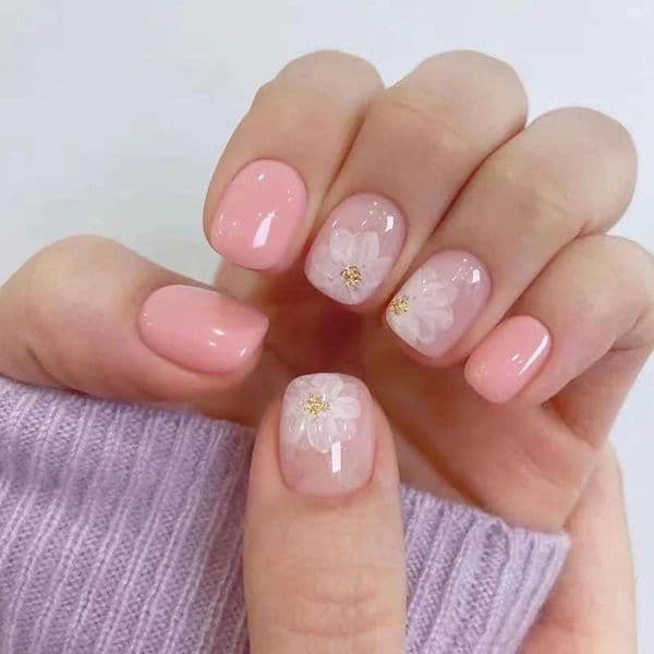 24 pieces of white iced tea flower short fake nail art lamp pink sweet girl acrylic press complete set of detachable fake nail setW250120