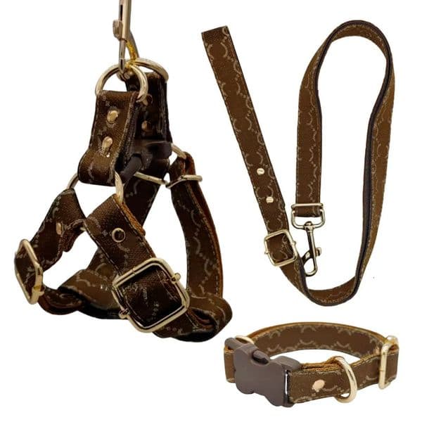 Designer Dog Collars Leash Set No Pull Dog Harness with ic Jacquard Letter PatternNylon Step in Small Medium Large Puppy Vest Outdoor Easy Walking Brown K260210