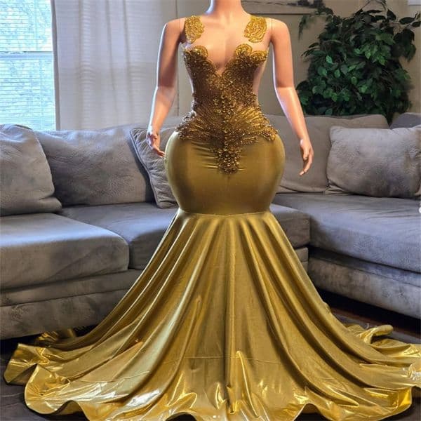 Shiny Gold Prom Dress For Black Girls Diamond Crystal Mermaid Evening Gown V Neck Luxuxy Birthday Dress Formal Dance Ceremony Events Vestio De Fiesta 2025