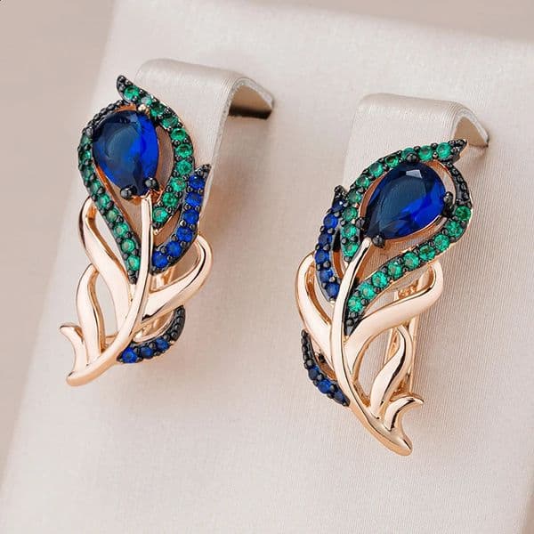 Kinel Blue Natural Zircon Womens Pendant Earrings 585 Rose Gold and Black Gold Plated Vintage Crystal Leaves Daily Exquisite Jewelry 250110