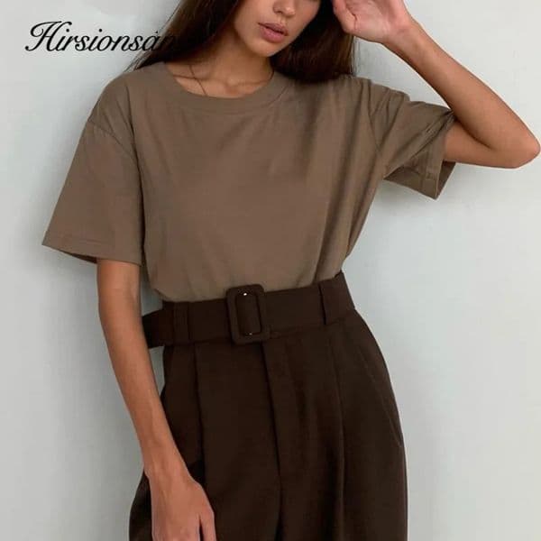 Hirsionsan 100% Cotton T Shirt Women Summer Oversized Solid Basic Tees 9 Color Casual Loose Tshirt Korean O Neck Khaki Tops 250122