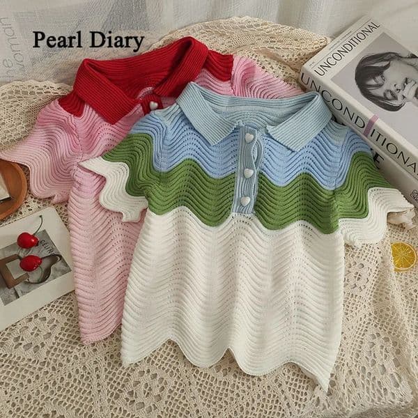 Pearl Diary Women Contrast Color Join Together Knitting TShirt WavyEdge Turndown Collar Chic Top Love Button Thin 250122
