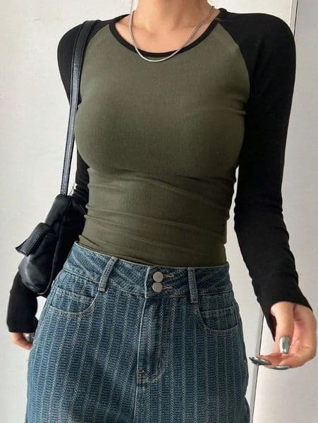 Slim Color Block TShirt Casual Crew Neck Long Sleeve For Spring Summer Womens Clothing 250122