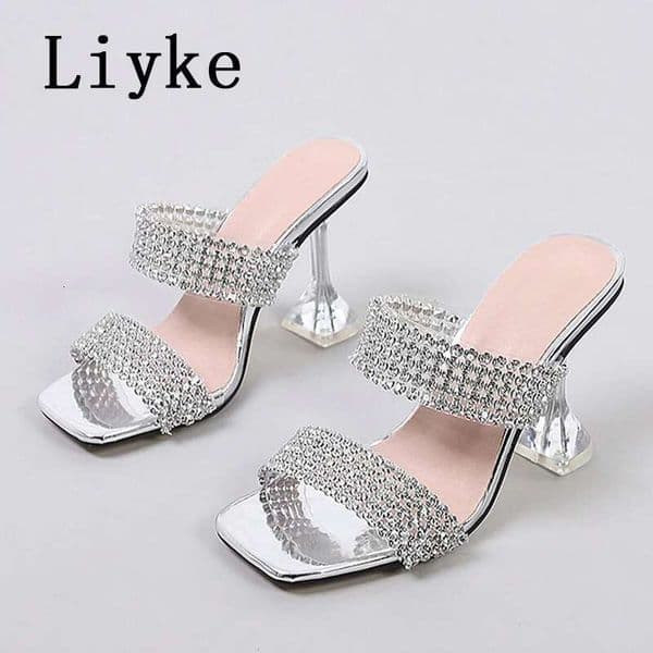 Liyke New Brand 9Cm Strange High Heels Women Slippers Fashion Transparent PVC Rhie Sandals Summer Party Prom Shoes Ladies