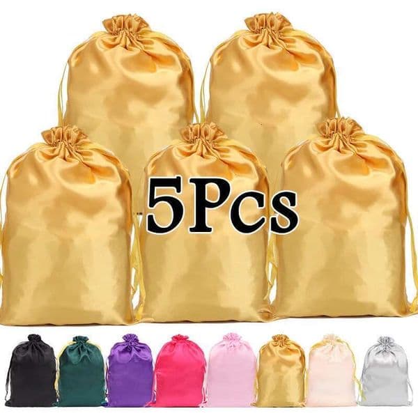 5Pcs Extensions With Drawstring Soft Silky Satin Bag Pack Black Pink Gold Hair Wig Packaging Bags 35*25Cm