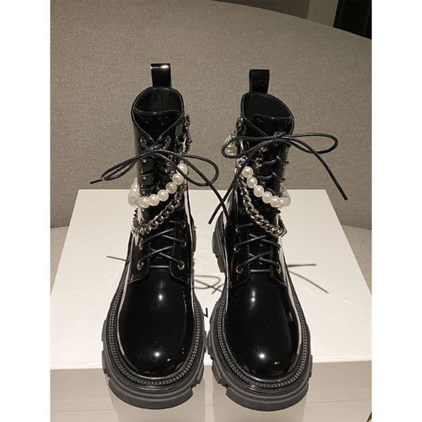 Women's Martin Boots with Pearl Chain Thick-soled Black Short Boots Zipper Leather Shoes
