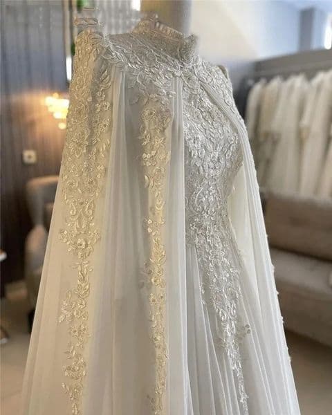 Modest Muslim Wedding Dresses With Wrap High Neck Lace Appliques Long Sleeves Chiffon Elegant Bridal Gowns Arabic Dubai Ivory Vestido De Novia