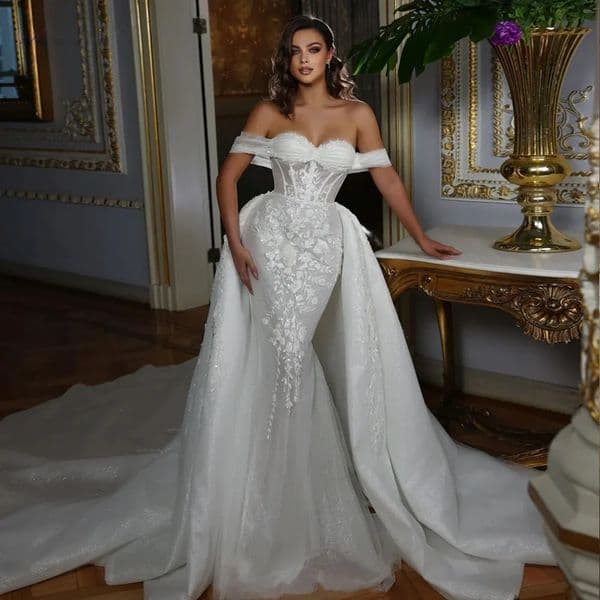 Gorgeous Lace Appliques Mermaid Wedding Dresses With Detachable Train Off Shoulder Long Chapel Bridal Gowns Sweetheart neck Sleeveless Vestido De Novia