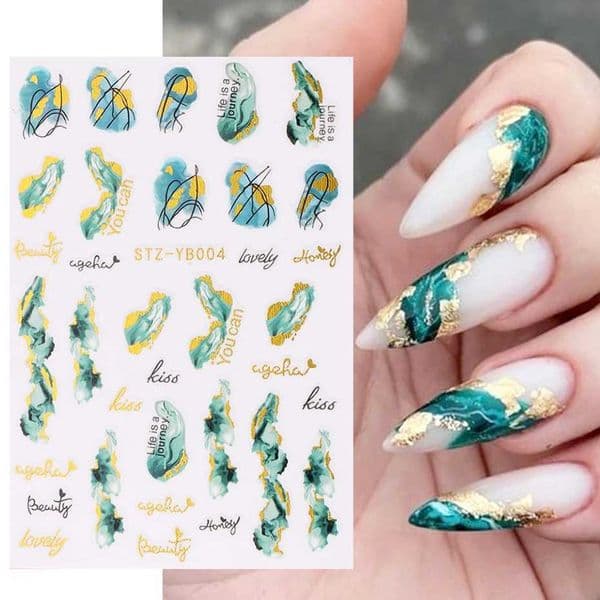 Marble Smoky Nails Stickers Peacock Green Gold Lines Sliders on Nail Charms Blooming Ink Painting Decal Adornment Manicure YB004XJ250120