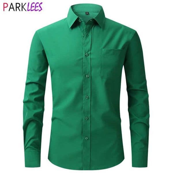Green Mens Dress Shirts Long Sleeve Regular Fit Elastic Shirt for Men Wrinkle-Free Easy Care Formal Casual Shirt Male Chemise X250125