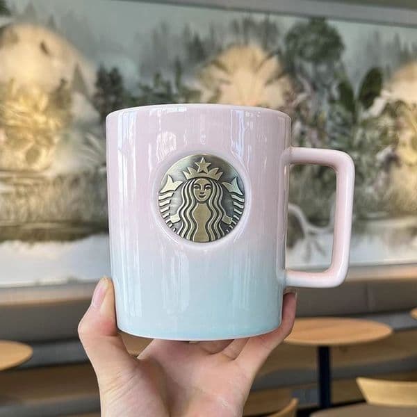 Starbucks 13.5oz Gradient Ceramic Coffee Mug Gold Spoon Premium Drinkware Tea Cup Gift for Home Office