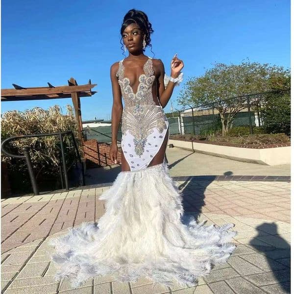 African American Prom Mermaid Sheer Feather Beaded Black Girls Robe De Soiree Evening Dresses Gown Customized
