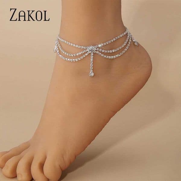 ZAKOL Fashion Shiny Crystal Anklet Bracelet for Women Silver Color Rhinestone Wedding Party Foot JewelryXJ250121