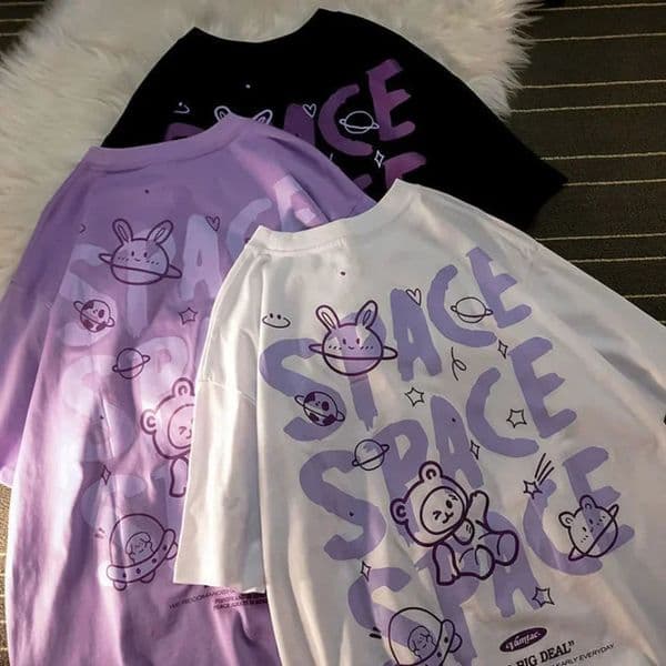 Women TShirt Print Bear Graffiti Short Sleeved Space Oversized Tshirt Loose Retro Harajuku Style Couple Shirt Tops Y2k 250120