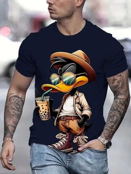 fun cartoon duck drinking milk tea 3D printed Mens T-shirt fashion casual round neck short sleeved sports casual mens clothing W250117