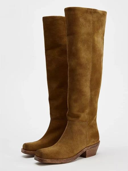 2024 Winter Knee High Women Shoes Tide Brown Retro Cowboy Western Boots Suede Square Head Thick Heel Boot Botines Mujer