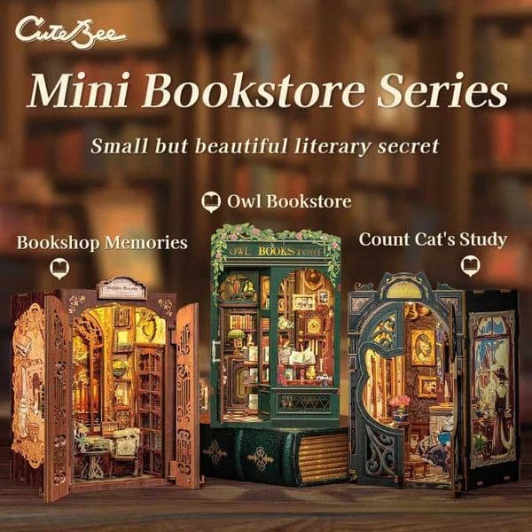 2026 New CUTEBEE DIY Book Nook Bookshop Kit Miniature Wooden Dollhouse With Light Bookshelf Insert 3D Puzzle Decor For Gift Owl Bookstore