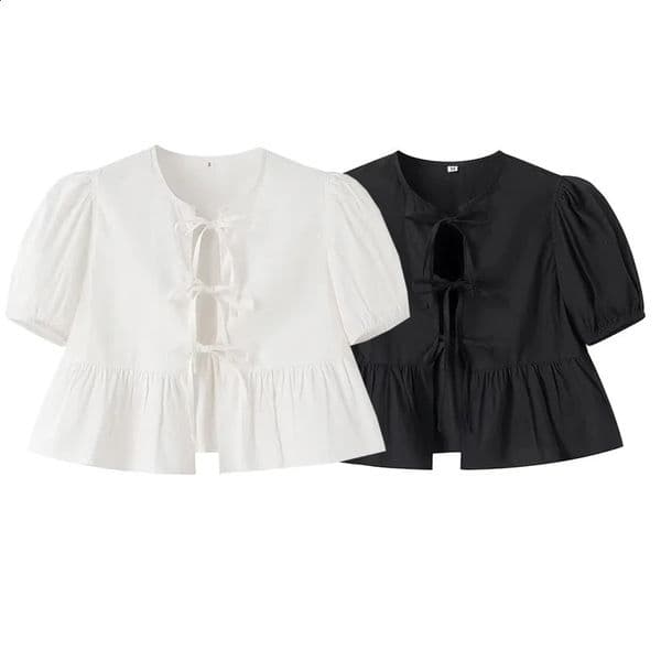TRAF White Crop Top Women Black Ruffle Short Puff Sleeve Blouse Female Bow Tied Summer Blouses Woman 2024 Ruched Cute Tops 250122