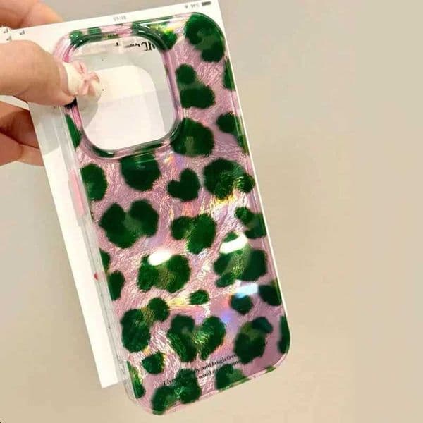 Vortex Pattern Pink Background Green Leopard Color Blocking Phone Case for IPhone 11 12 13 14 15 16 Pro Max Hard Back Cover Z250122
