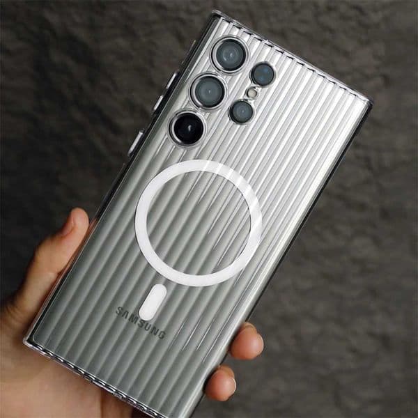 Luxury Hard HD Transparent for Case for Galaxy S24 S23 Ultra Plus Magnetic Wireless Charging Stripes PC Cover Z250122