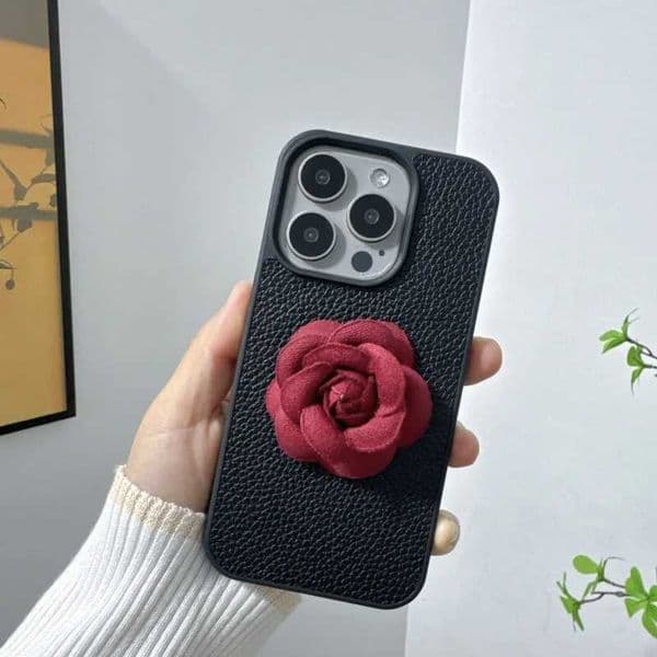 Luxury fashion 3D Camellia flowers PU leather Case for iPhone 16 15 14 Phone Cover 13 12 11 Pro MAX Hard Shockproof Back Funda Z250122