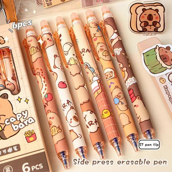 6Pcs Cute Capybara Gel Pens Kawaii Pen Set Quickly-Drying Blue Erasable Pens Office School Supplies Kawaii Aesthetic Stationery 250121BJ