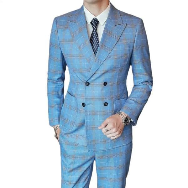 S5XL Blazer Pants Mens Highend Formal Double Breasted Suit Gray 2 Piece Set Wedding Dress Plaid Suit Groom Party 250121