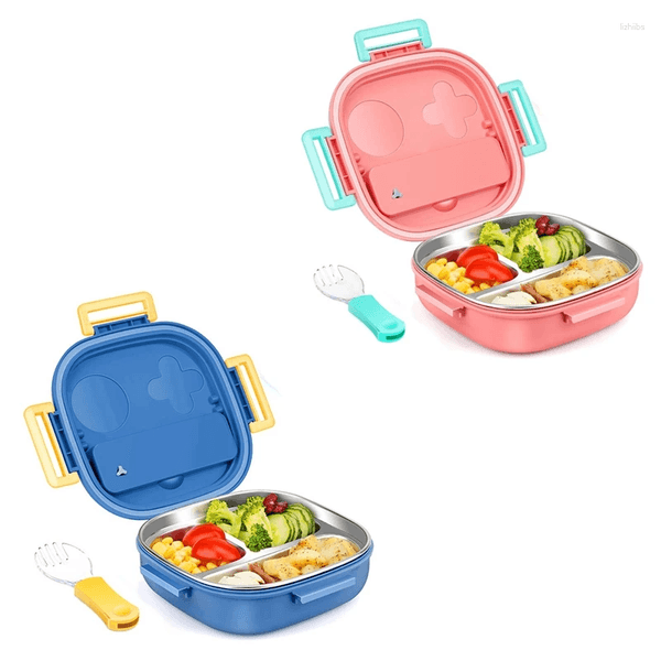 Dinnerware Sets Stainless Steel Kid Bento Box Leak-Proof 3-Compartment Lunch With Cutlery For Toddlers Pink
