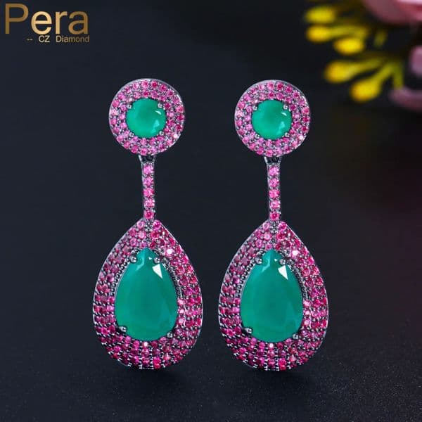 Pera Brazilian Emerald Green Cubic Zirconia Rose Red CZ Long Water Drop Pendant Earrings Womens Fashion Jewelry E722 250109
